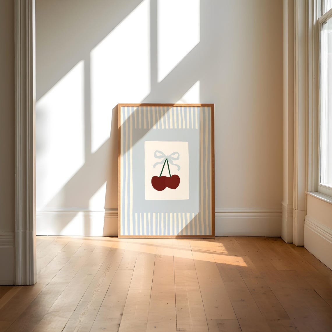 Blue Bow Cherry Coquette Blue Cream Striped Kitchen Art Poster - Image 2