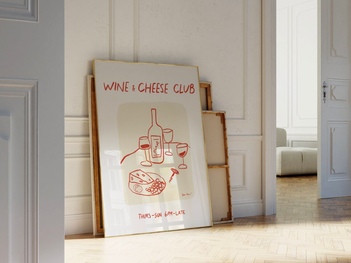 Wine And Cheese Club Hand Drawn Red Line Art Wine Night Gathering Poster - Image 4