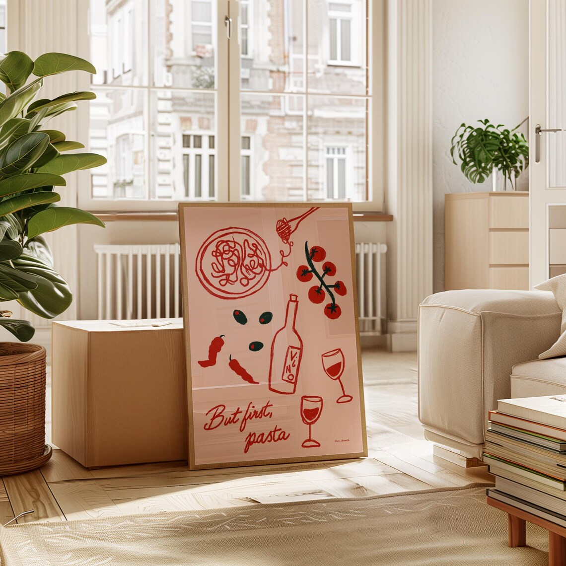 But First Pasta Cute Italian Food Illustration Doodles Pink Poster - Image 2