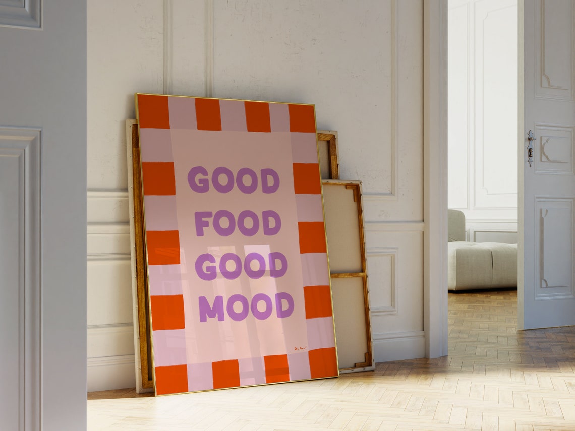 Good Food Good Mood Purple Orange Checkered Kitchen Quote Poster