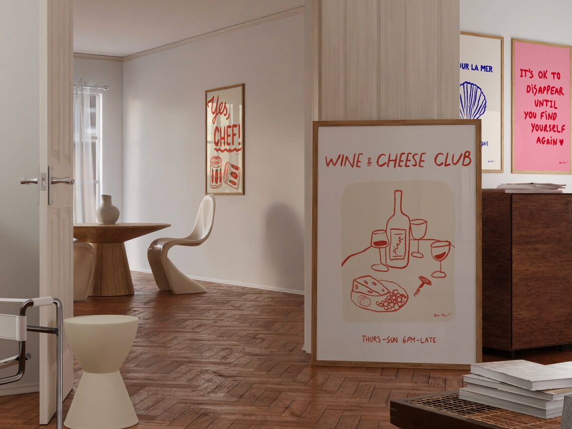 Wine And Cheese Club Hand Drawn Red Line Art Wine Night Gathering Poster - Image 2