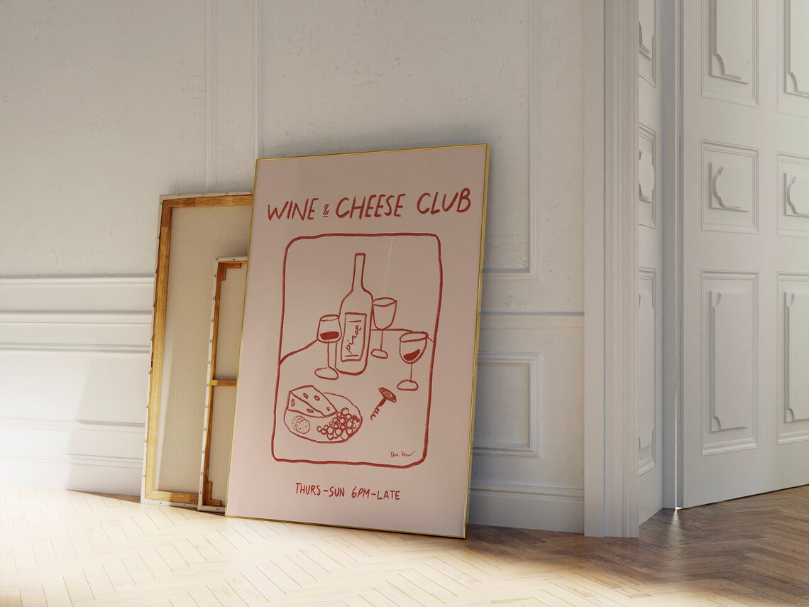 Wine And Cheese Club Pink Hand Drawn Red Line Art Wine Tasting Poster