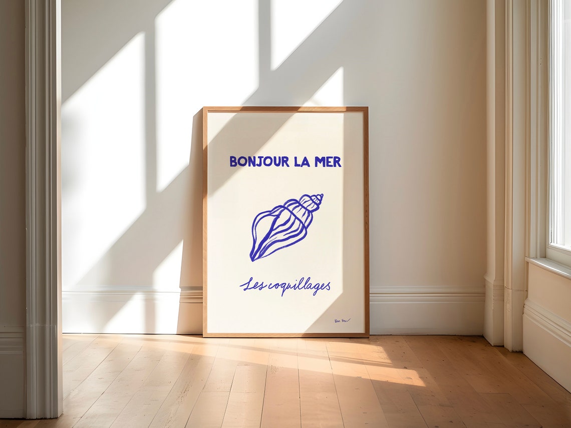 Bonjour La Mer Les Coquillages Blue Conch Shell Coastal Art Poster - Image 3
