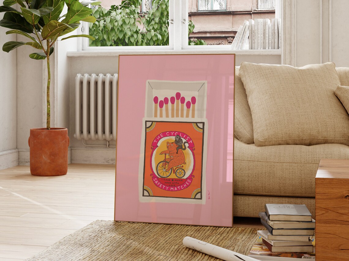 The Cyclist Vintage Safety Matches Cat Pink Retro Art Poster - Image 4