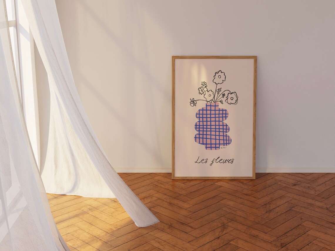 Les Fleurs Blue Gingham Vase French Floral Minimalist Wall Art - Image 2