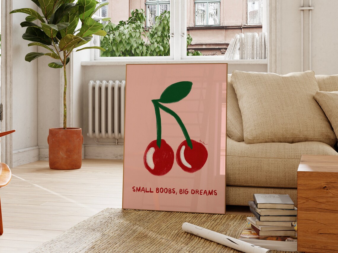 Small Boobs Big Dreams Juicy Cherry Pink Feminist Art Poster - Image 4
