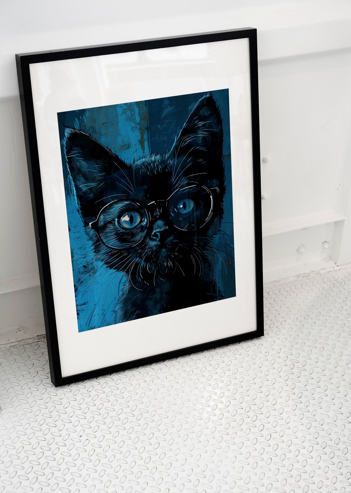 Clever Kitty Cat Art Print Blue Feline Portrait