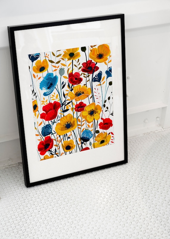 Poppies In Bloom Red Yellow Blue Floral Field Colorful Botanical Poster