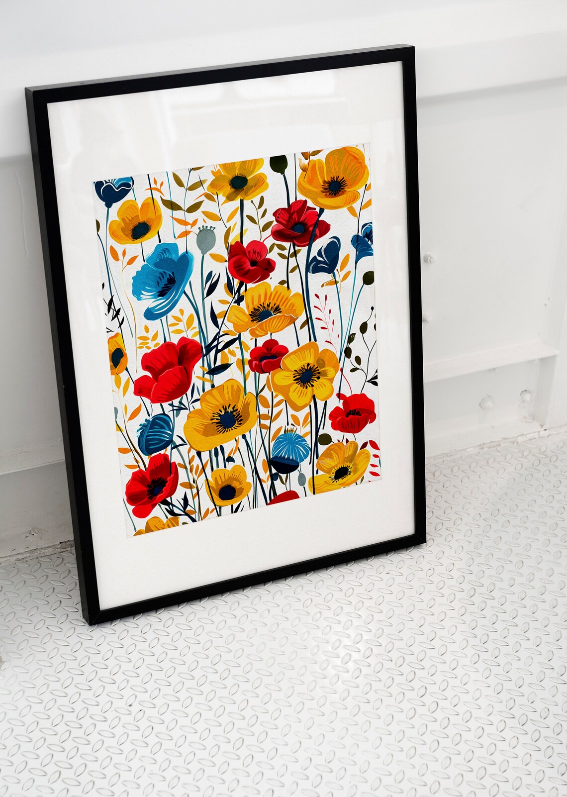 Poppies In Bloom Red Yellow Blue Floral Field Colorful Botanical Poster