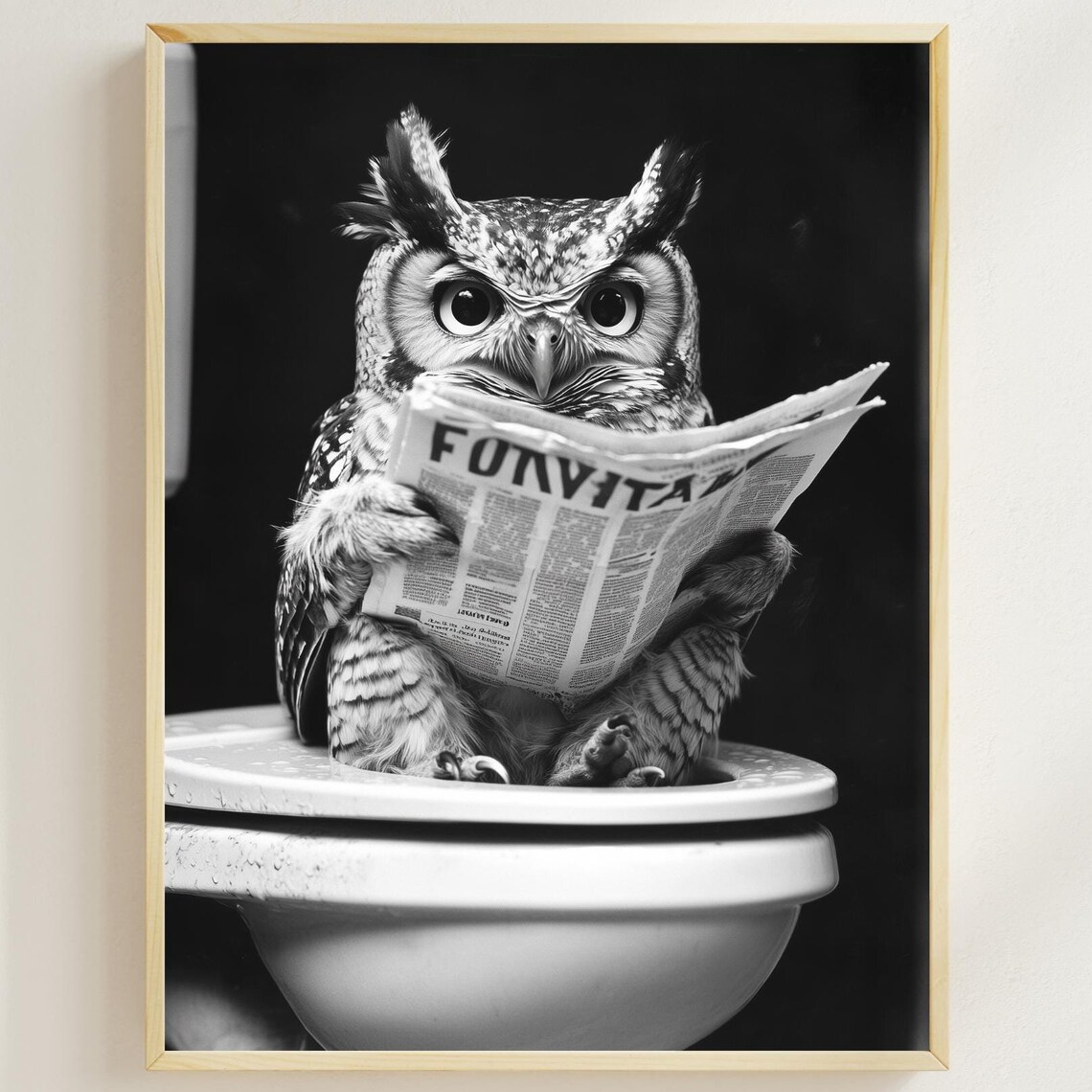 Owl Reading a Newspaper on the Toilet in Black and White Funny Poster