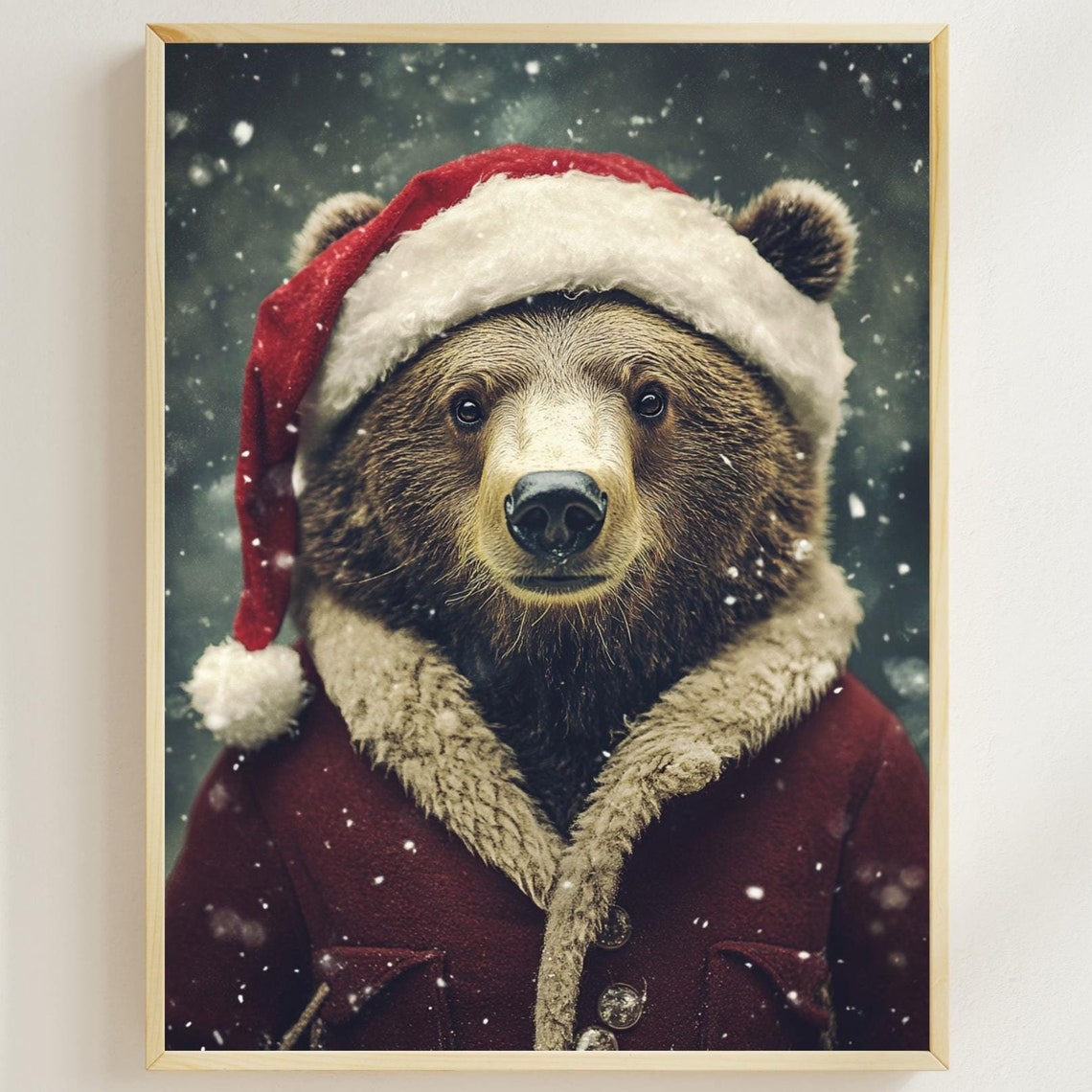 Brown Bear in Santa Coat Christmas Wildlife Winter Holiday Poster