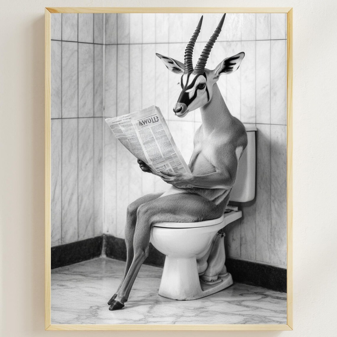 Gazelle Reading a Newspaper on the Toilet in Black and White Poster