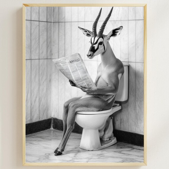 Gazelle Reading a Newspaper on the Toilet in Black and White Poster