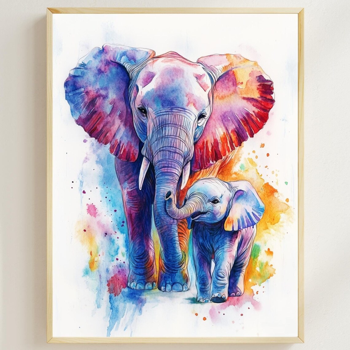 Colorful Elephant Mother and Baby Watercolor Nursery Wall Art