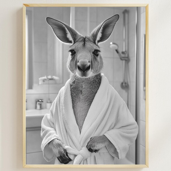 Kangaroo In A Bathrobe Funny Bathroom Wall Art Quirky Animal Print Funny Kangaroo Photo Animal Humor Print Kangaroo Poster Ai Art