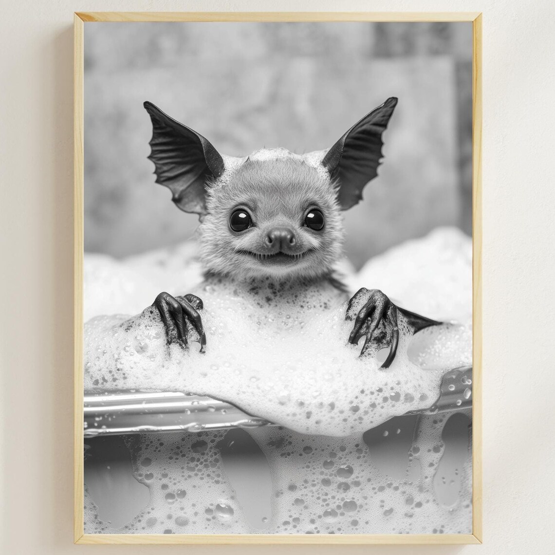 Cute Baby Bat Bubble Bath Funny Black And White Animal Poster