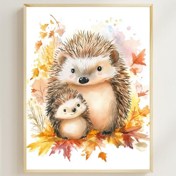 Mama and Baby Hedgehog Among Autumn Leaves Watercolor Nursery Poster