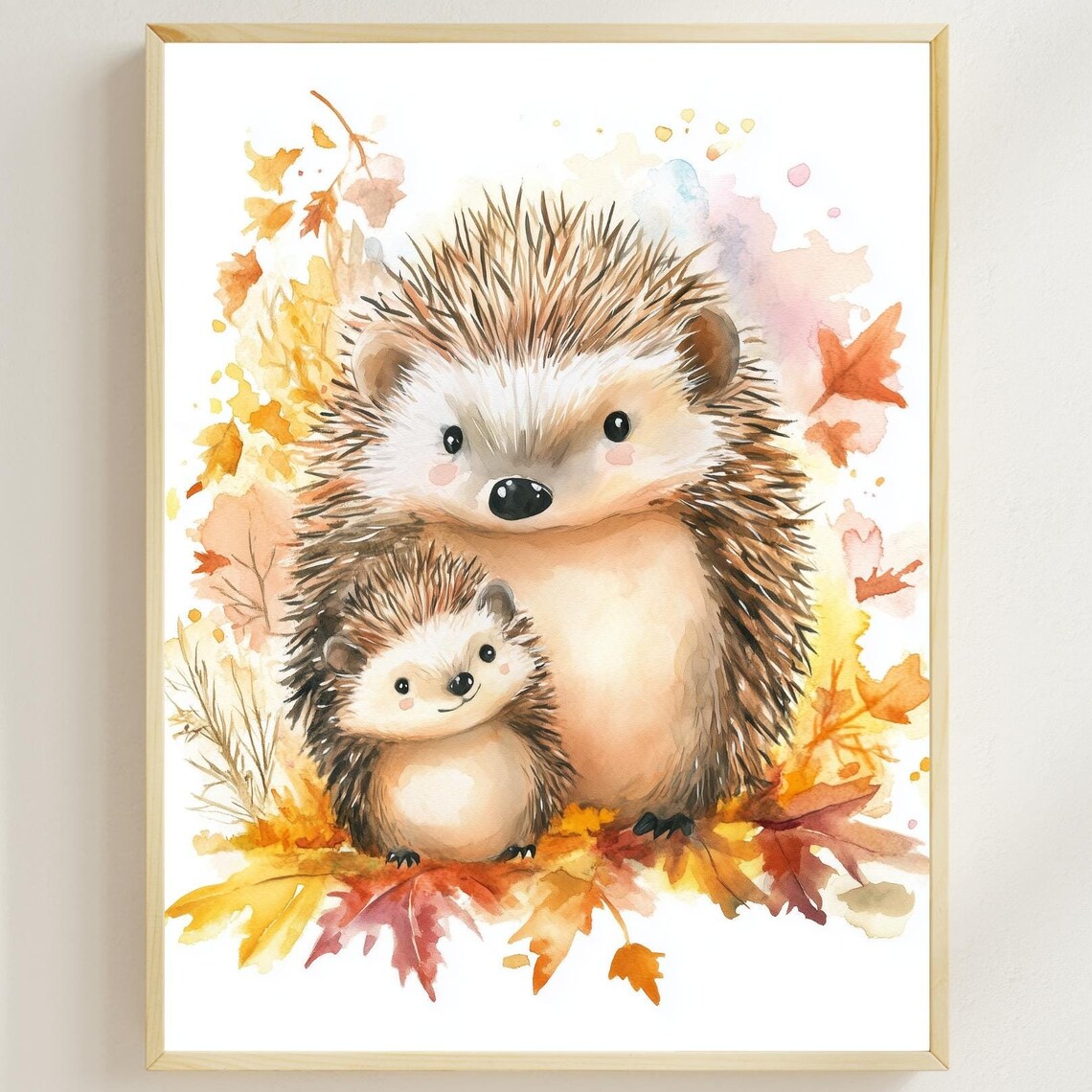 Mama and Baby Hedgehog Among Autumn Leaves Watercolor Nursery Poster