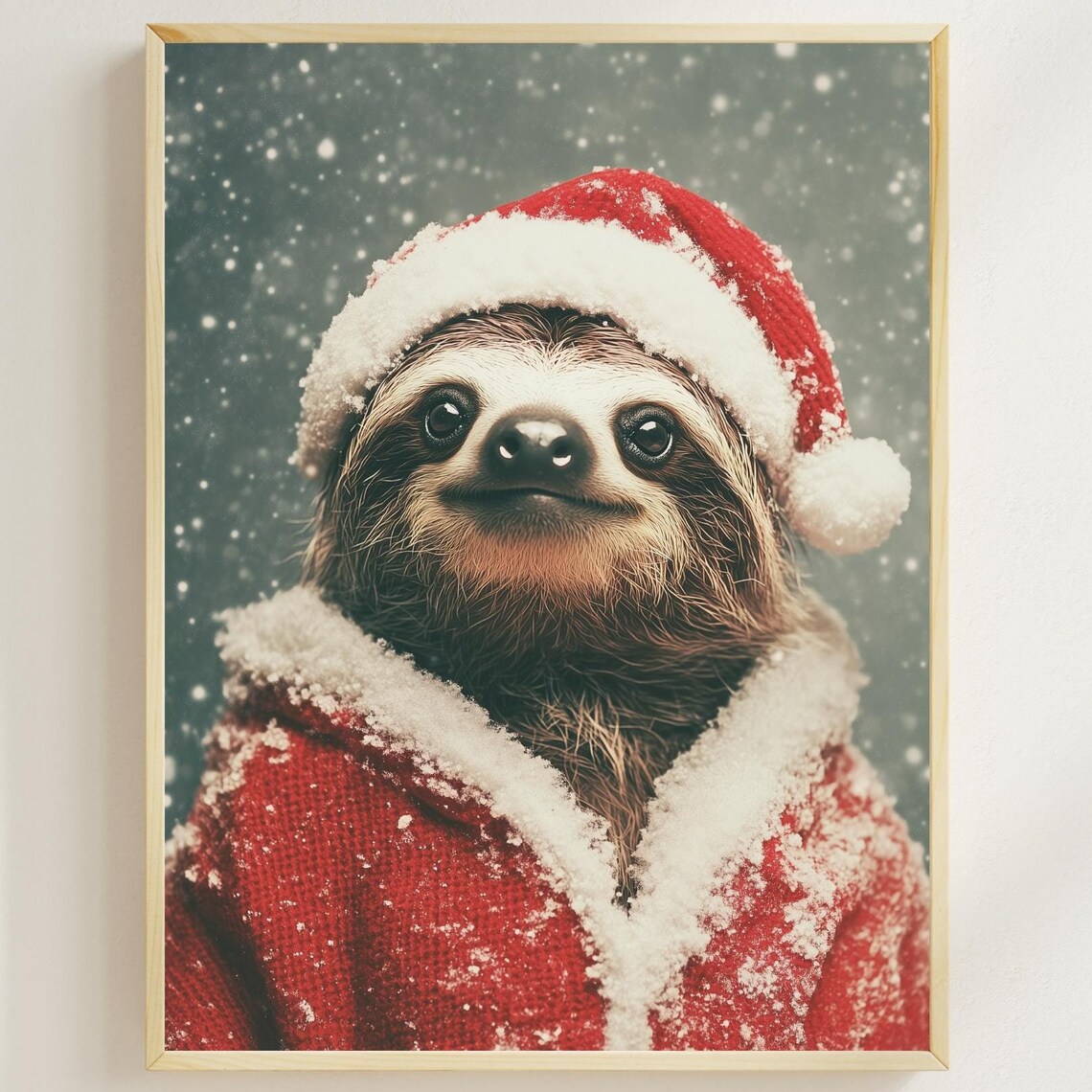 Sloth Wearing Santa Hat And Red Coat Festive Snowy Christmas Poster