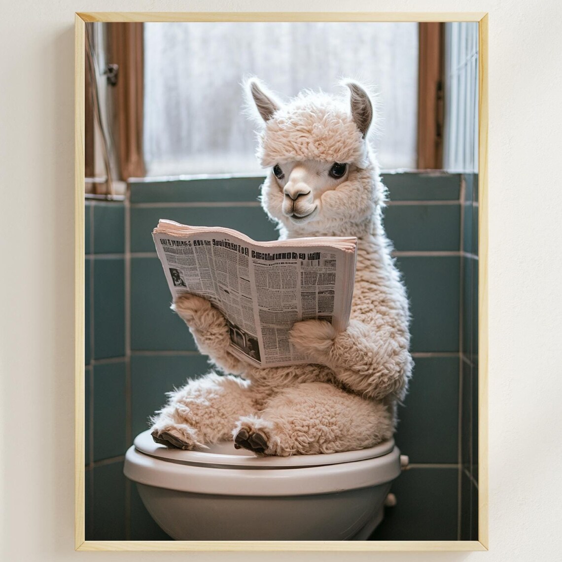 Fluffy Alpaca Reading Newspaper on Toilet Funny Bathroom Poster