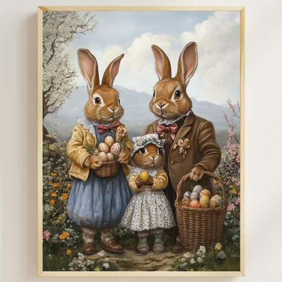 Vintage Easter Bunny Family With Egg Baskets Spring Meadow Poster