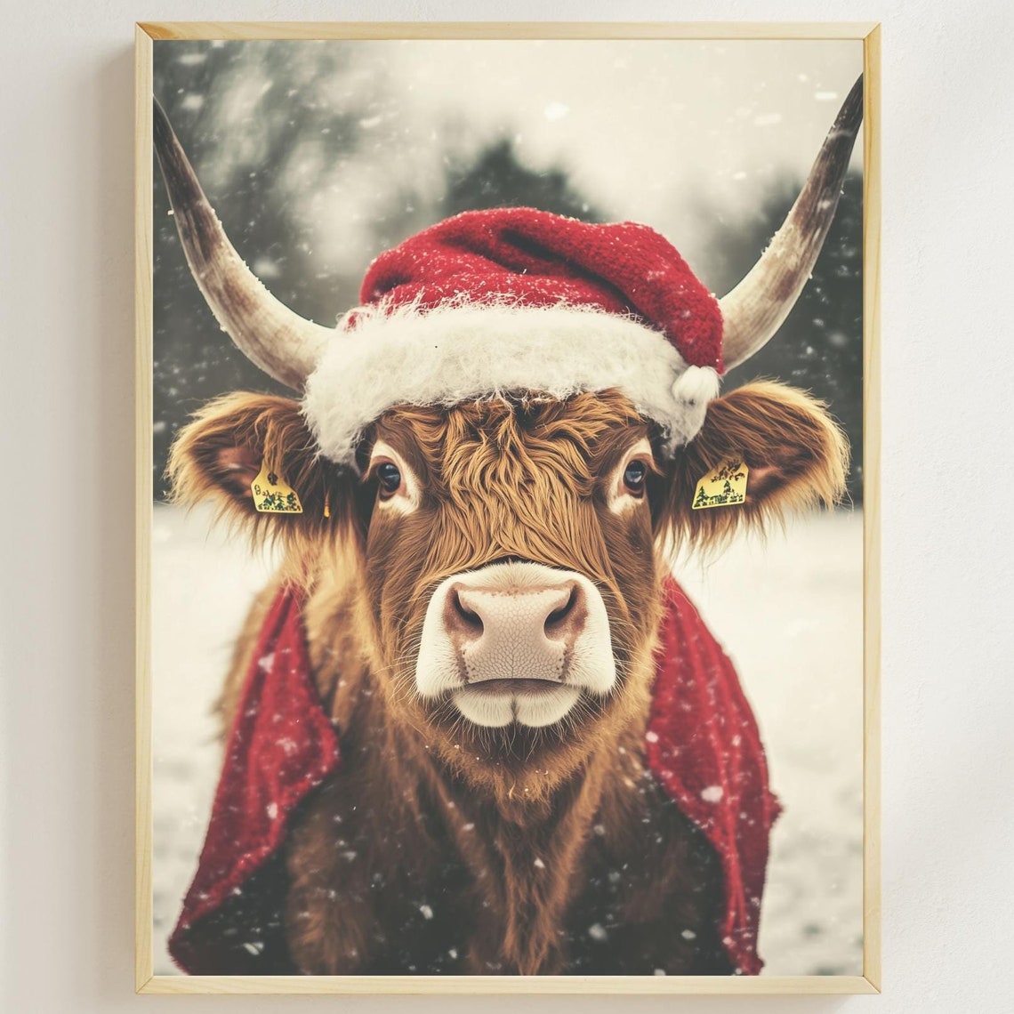 Highland Cow Christmas Art Cute Cow Festive Animal Wall Art Holiday Farmhouse Decor Cozy Winter Cow Print Vintage Ai Art