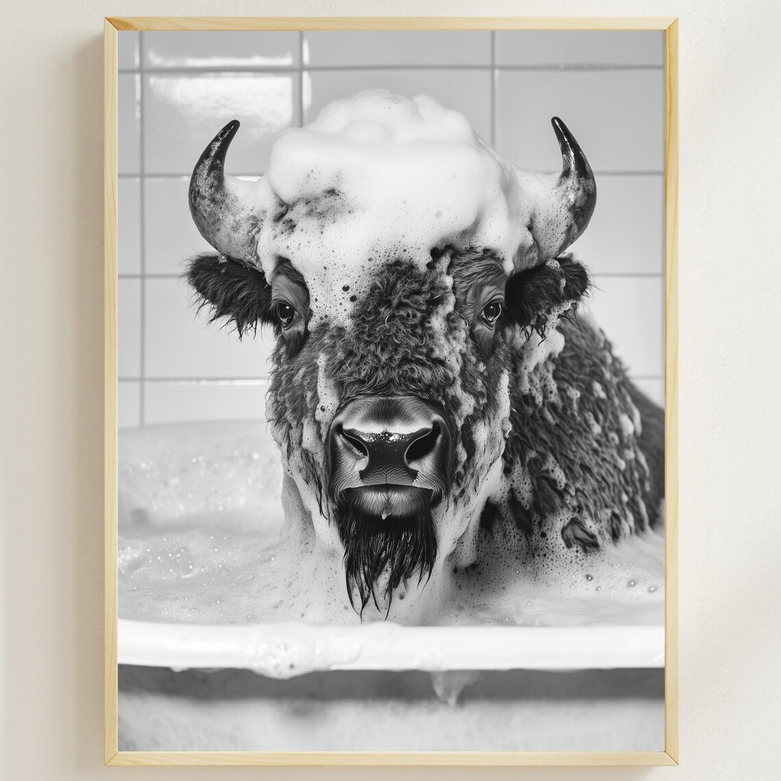 Bison Bubble Bath Funny Black And White Wild Animal Wall Poster