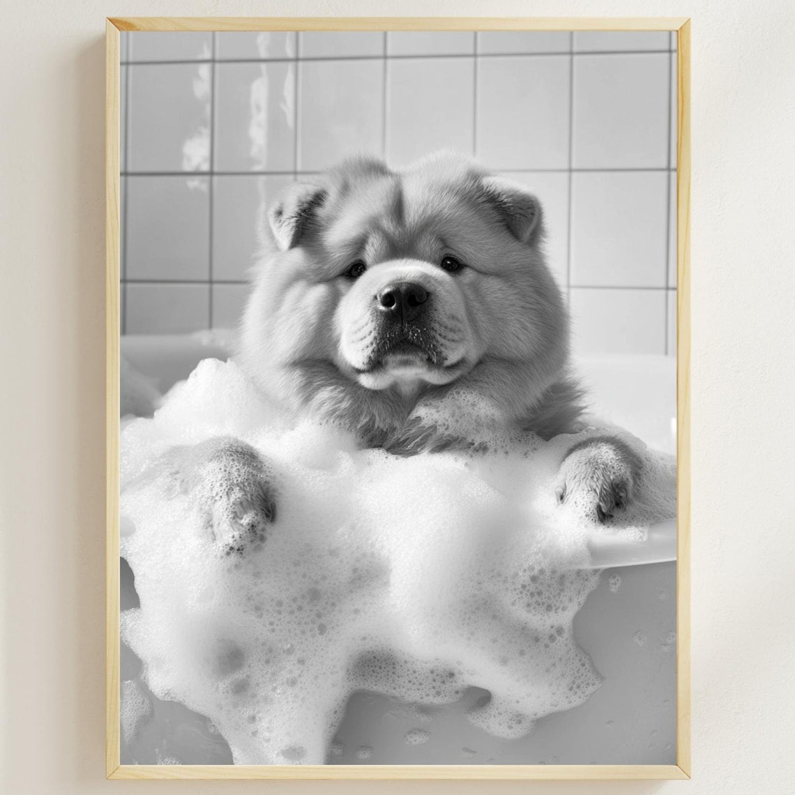 Chow Chow Puppy Taking A Bubble Bath Monochrome Bathroom Poster