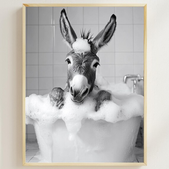 Donkey In The Bathtub Funny Animal Wall Art Donkey Taking A Bubble Bath Quirky Bathroom Print Cute Donkey Photograph Vintage Ai Print