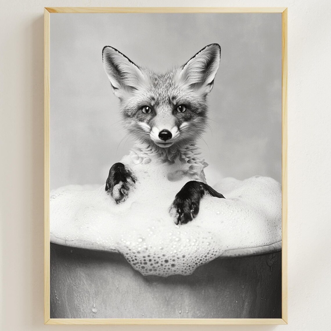 Fox Relaxing in a Bubble Bath in Black and White Funny Poster