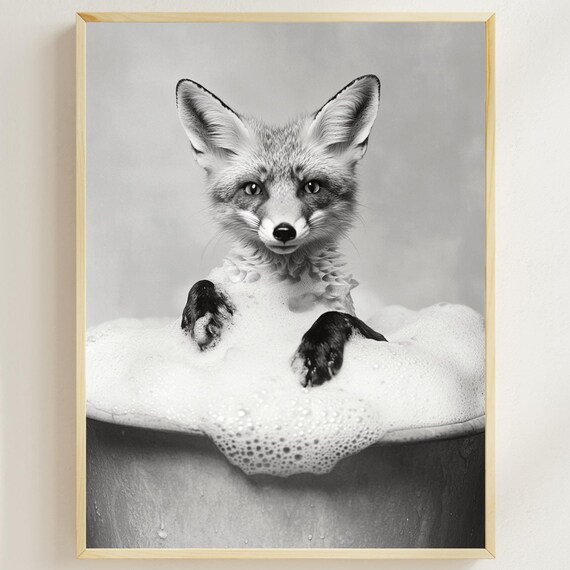 Fox Relaxing in a Bubble Bath in Black and White Funny Poster