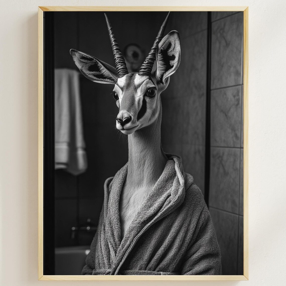 Gazelle in Bathrobe Black White Funny Bathroom Humor Art Poster