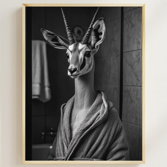 Gazelle in Bathrobe Black White Funny Bathroom Humor Art Poster