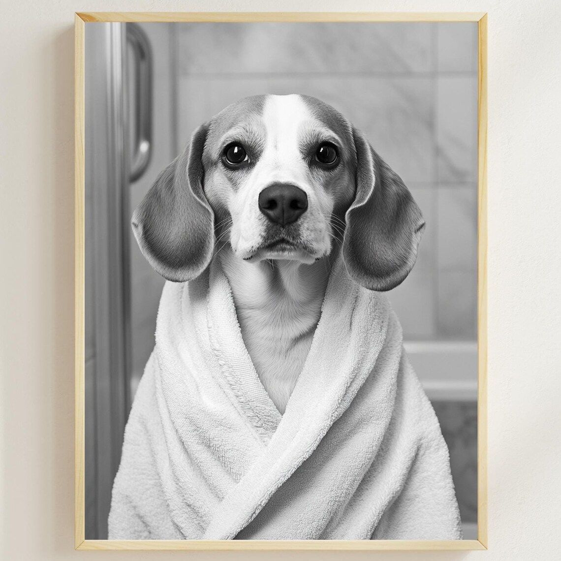 Beagle Wrapped in White Towel Black and White Funny Bathroom Poster