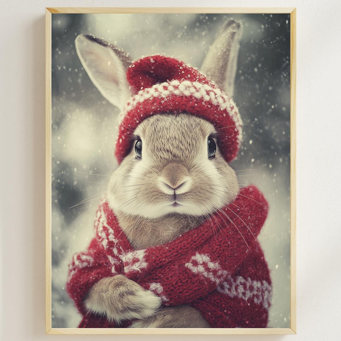 Bunny in Red Knit Hat and Scarf Posing in the Snow Cute Poster