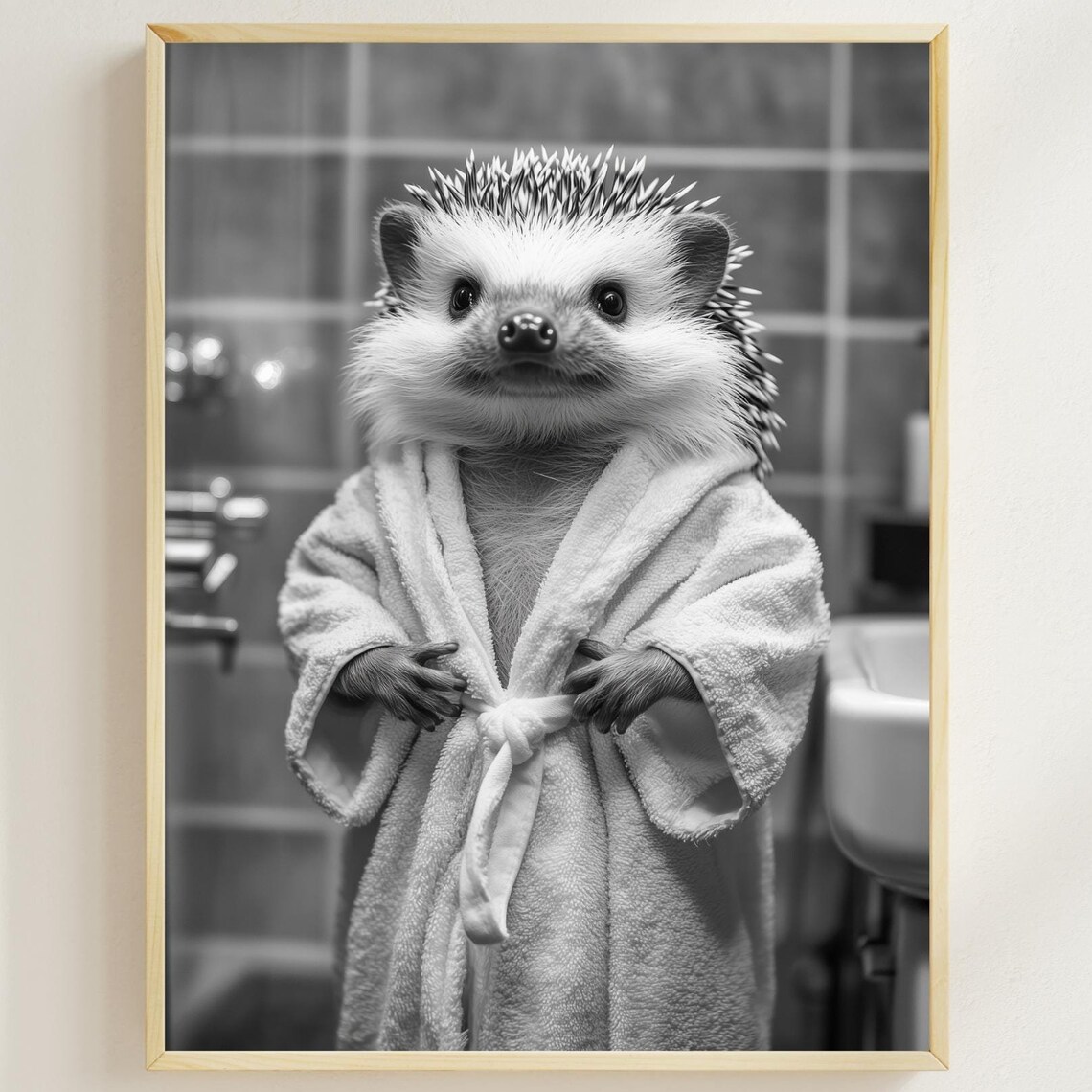Hedgehog in a Bathrobe Black and White Funny Bathroom Poster