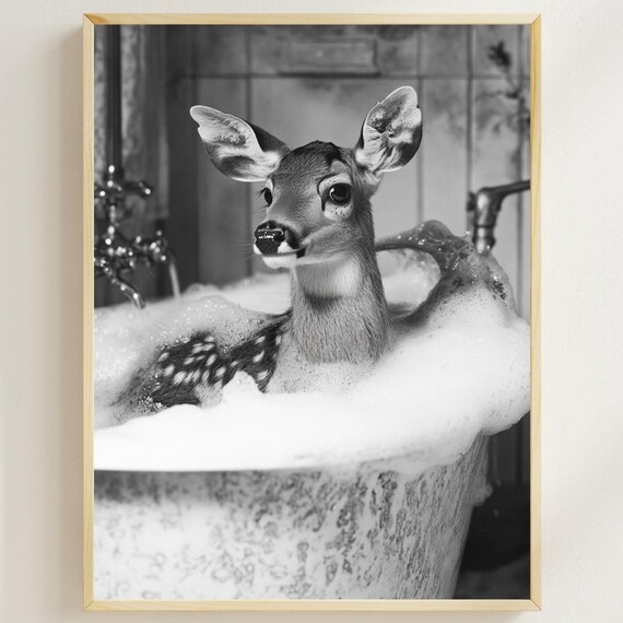 Baby Deer in Bubble Bath Black and White Cute Animal Bathroom Poster