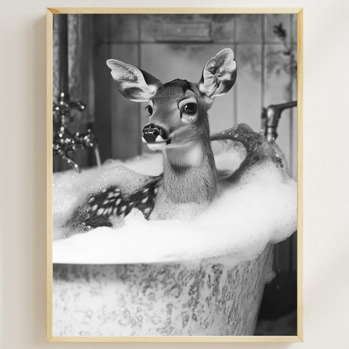 Baby Deer in Bubble Bath Black and White Cute Animal Bathroom Poster