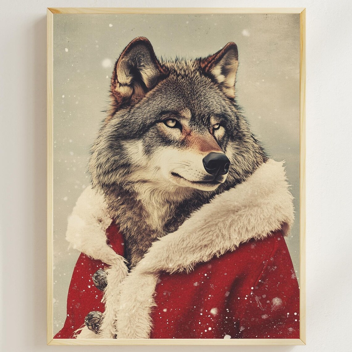 Wolf Wearing a Red Santa Coat With White Fur Trim in the Snow Poster