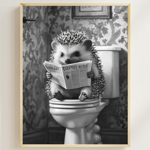 Funny Hedgehog Sitting on Toilet Reading Newspaper Bathroom Poster