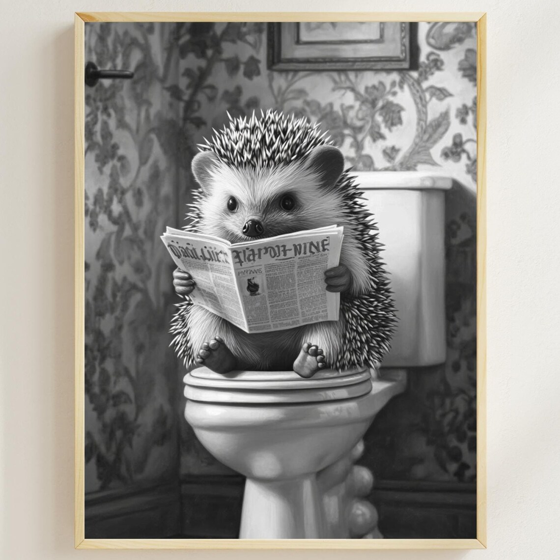 Funny Hedgehog Sitting on Toilet Reading Newspaper Bathroom Poster