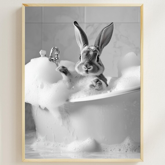 Bunny In The Bathtub Funny Animal Wall Art Bunny Taking A Bubble Bath Funny Bathroom Print Cute Bunny Photograph Vintage Ai Art