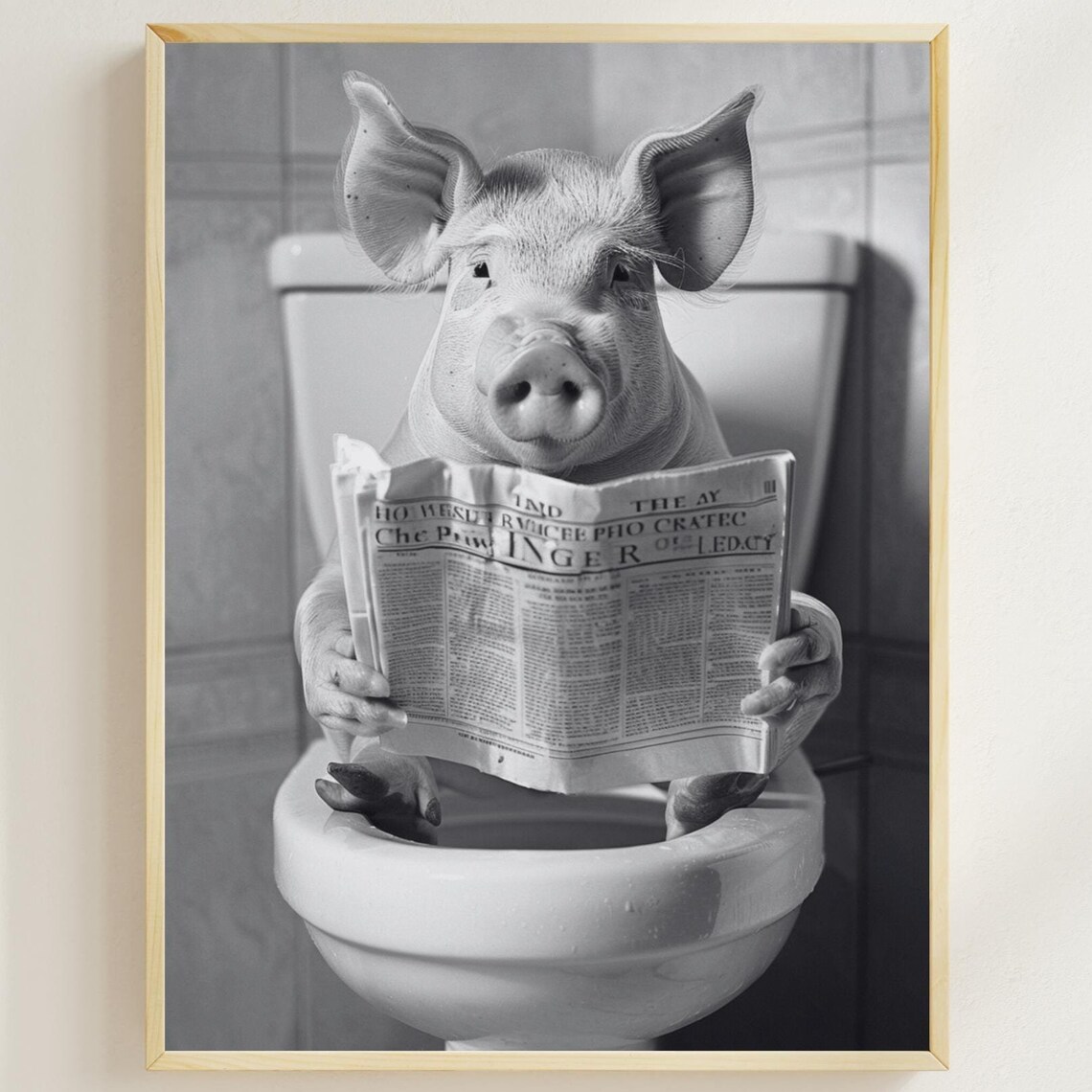 Pig Reading a Newspaper on the Toilet Black and White Bathroom Poster