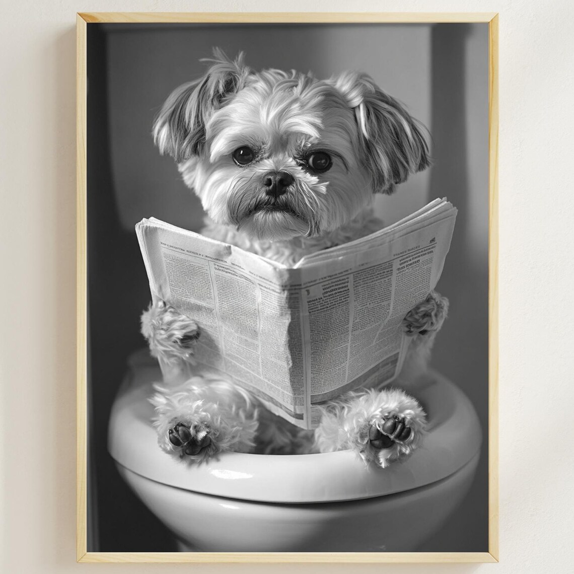Shih Tzu Reading a Newspaper on the Toilet in Black and White Poster