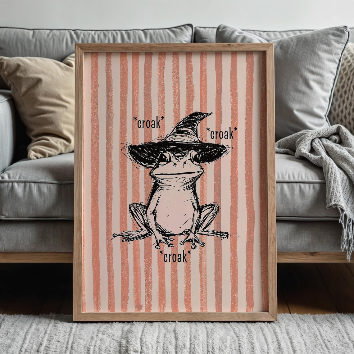 Funny Frog Witch Hat Croak Crayon Sketch Pink Striped Halloween Wall Art