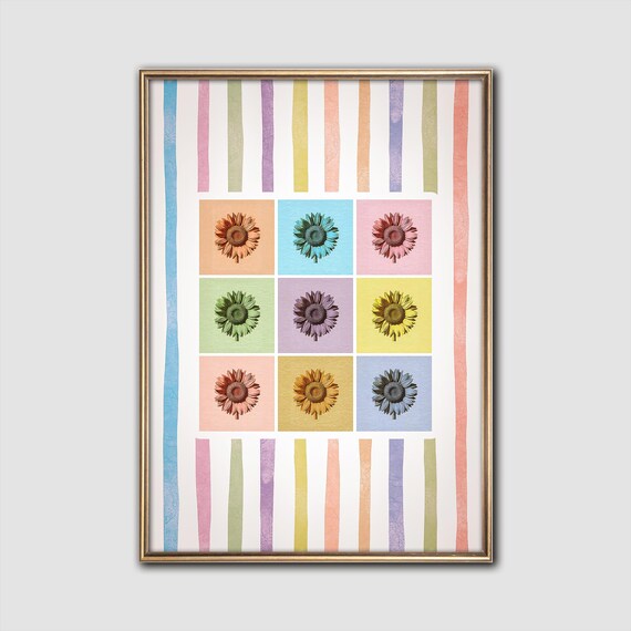 Vibrant Colorful Sunflower Grid Pastel Pop Art Floral Wall Art