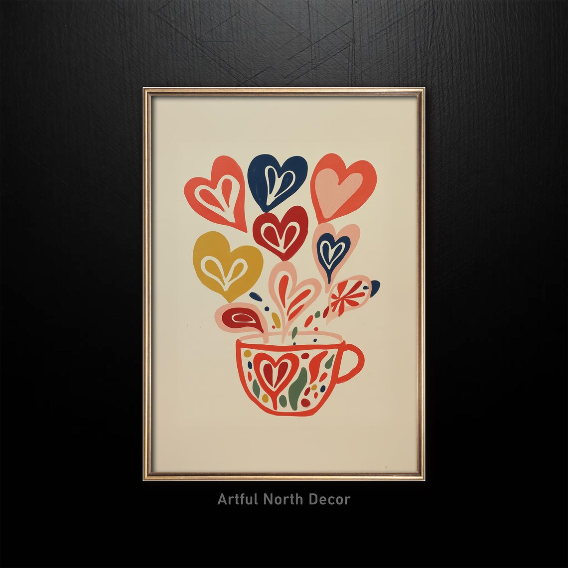 Hearts Blooming From Coffee Cup Colorful Folk Art Print On Cream