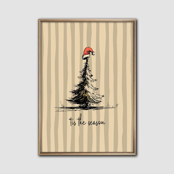 Santa Hat Tree Sketchy Christmas Art Print
