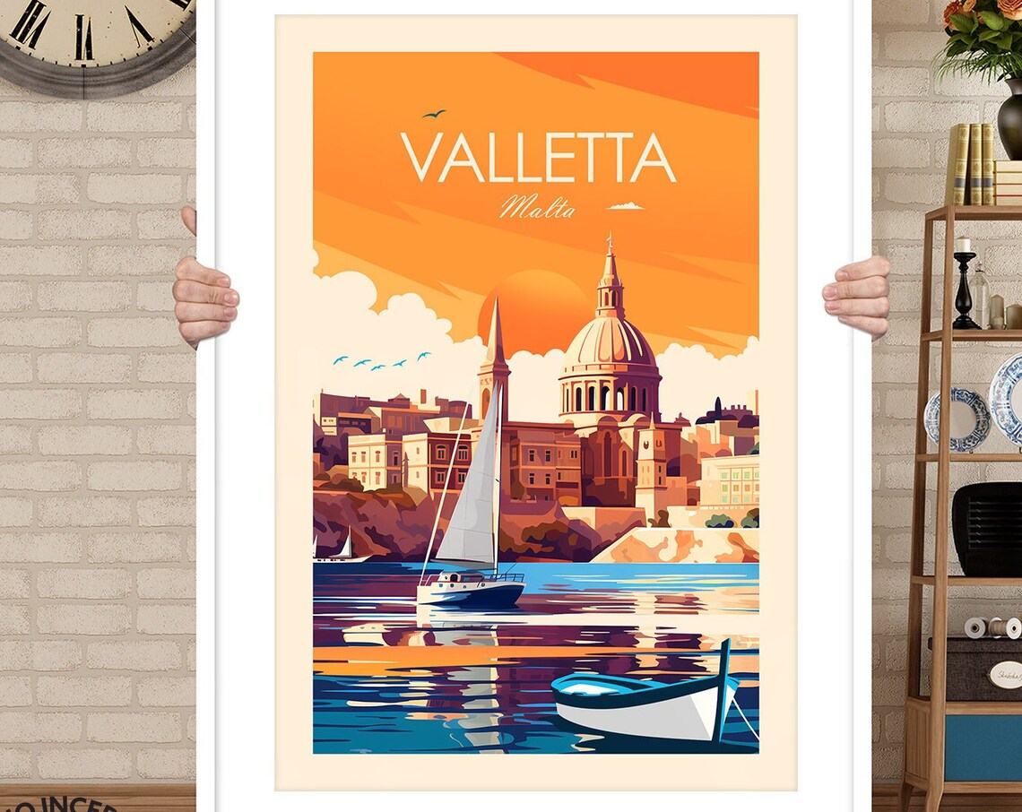 Valletta Malta Harbor Sunset Sailboat Basilica Travel Poster - Image 3