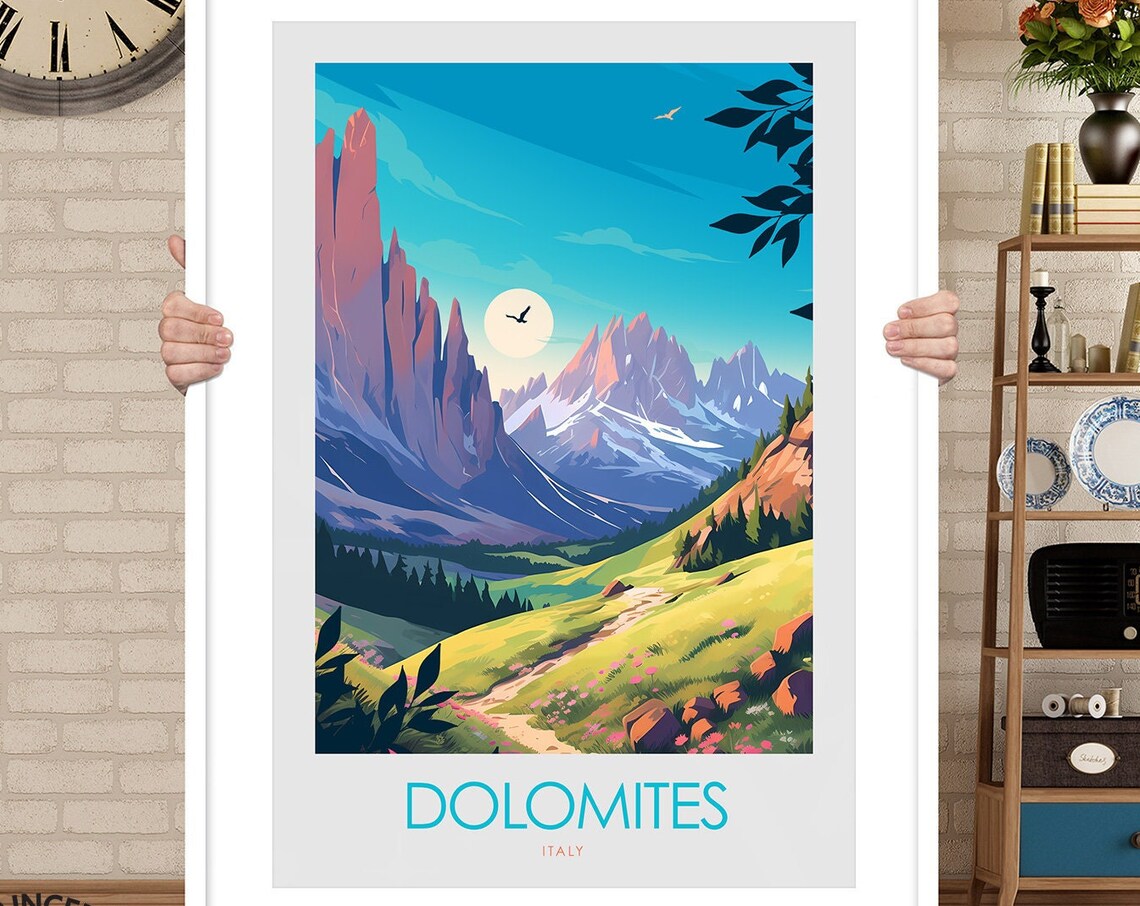 Dolomites Italy Alpine Peaks Meadow Moon Vintage Travel Poster - Image 3